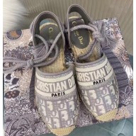 Dior Granville Oblique Embroidered Cotton Lace-up Espadrilles Sandals Gray 2020