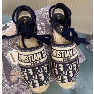 Dior Granville Oblique Embroidered Cotton Lace-up Espadrilles Sandals Dark Blue 2020