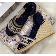 Dior Granville Embroidered Cotton Wedge Lace-up Espadrilles Dark Blue 2020