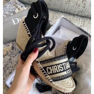 Dior Granville Embroidered Cotton Wedge Lace-up Espadrilles Sandals Black 2020
