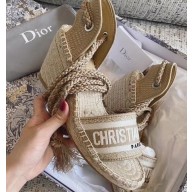 Dior Granville Embroidered Cotton Wedge Lace-up Espadrilles Sandals Beige 2020