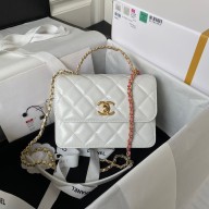 Chanel Mini Flap Bag with Top Handle in Metallic Lambskin AS3886 white 2023