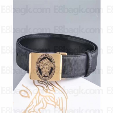 Versace Black Calfskin Leather Belt Golden Stereo Heads Buckle(99-722104)