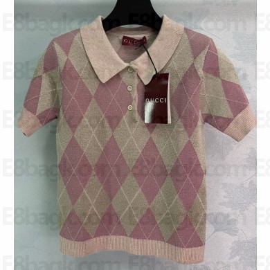 GUCCI Viscose lamé and wool polo top 815720 Pink and dusty pink extra fine viscose lamé and wool argyle jacquard  2025