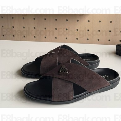 Prada men's Suede crisscross slides 2X3146 Dark Brown 2025