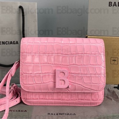 Balenciaga Cowhide Crocodile embossed Flap bag in Pink Bb010 2021