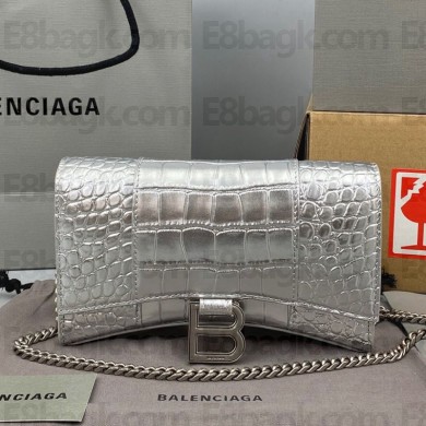 Balenciaga Cowhide Crocodile embossed Chain bag in Silver Bb019