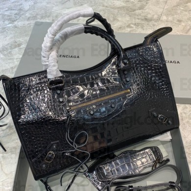 Balenciaga Crocodile pattern cowhide MotorcycleBag in Black Bb022