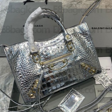 Balenciaga Crocodile pattern cowhide MotorcycleBag in Silver Bb027