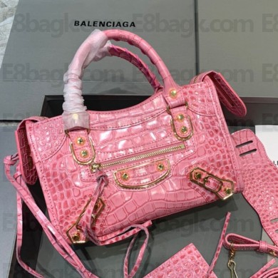 Balenciaga Crocodile pattern cowhide MotorcycleBag in Pink Bb033
