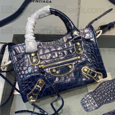 Balenciaga Crocodile pattern cowhide MotorcycleBag in Blue Bb041