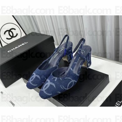 Chanel Heel 6cm COCO PRINTED DENIM Slingbacks 2024