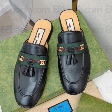 Gucci Calfskin Fringed half-top Mules in Black Gs024