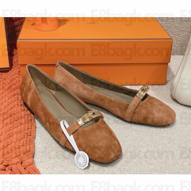 Hermes Bilbao ballet flat suede goatskin and satin with iconic rose gold plated buckle brown 2025