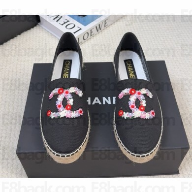 Chanel Espadrilles cotton with cc FLOWERS PRINTED black 0314-2025