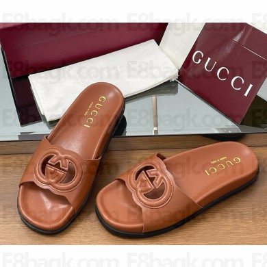 Gucci Women's Interlocking G cut-out slide sandal Brown leather 2025 