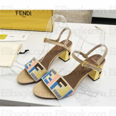 FENDI Delfina FF jacquard medium-heeled sandals beige heel 6cm 2025