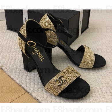 Chanel sandals suede metal chain CC logo black heel 9cm/4cm 2025