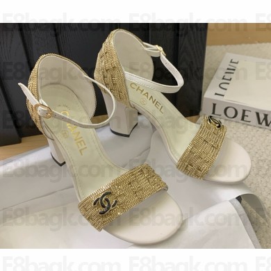 Chanel sandals leather metal chain CC logo white heel 9cm/4cm 2025