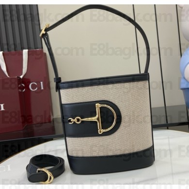 Gucci 73 small bucket bag 833665 Natural canvas Black leather trim 2025