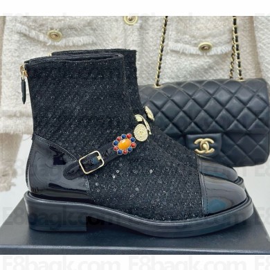 Chanel Sequins and patent leather ankle boots in black with gemstone 1209-2024