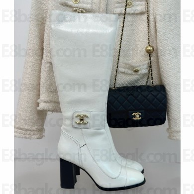 Chanel calfskin with cc logo thigh Boots white heel 8cm 1209-2024