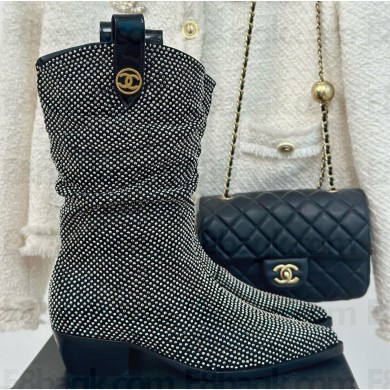 Chanel Lambskin with crystal pointed ankle Boots black 1209-2024