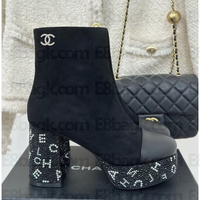 Chanel heel 9cm platform 3cm suede lambskin ankle Boots in black 1209-2024