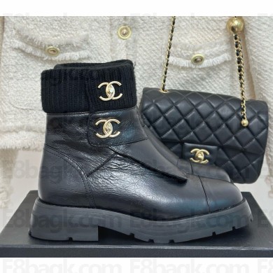 Chanel knit glossy calfskin ankle Boots in black 1209-2024