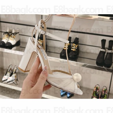 Jimmy Choo Sacora 100 High Block Heel Sandals Tulle Leather and Pearl  white 1231-2024