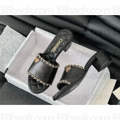 Chanel calfskin with chain high-heeled slippers black 2025