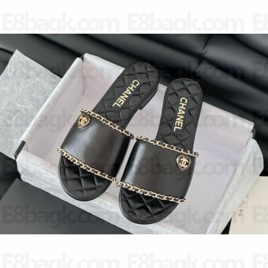 Chanel calfskin with chain slippers black 2025