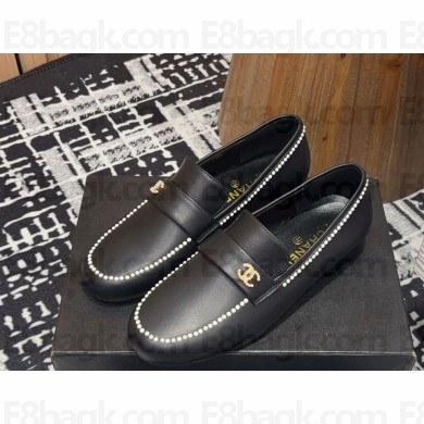 Chanel lambskin loafers with pearl decoration in black 2025