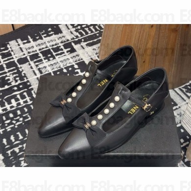 Chanel lambskin mary janes with pearl and bow black 2025