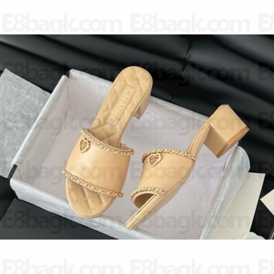 Chanel calfskin with chain high-heeled slippers beige 2025
