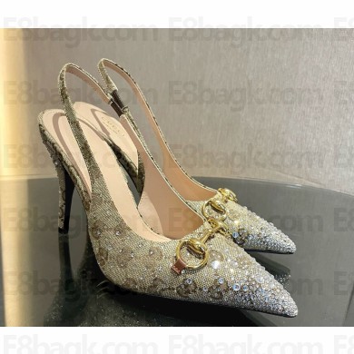 Gucci Women's GG canvas slingback pump with crystal beige heel 10.5cm 1118-2024