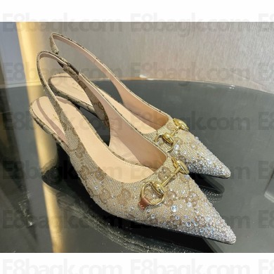 Gucci Women's GG canvas slingback pump with crystal beige heel 4.5cm 1118-2024