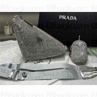 Prada Triangle Satin bag with crystals 1NE190 Gray 2023