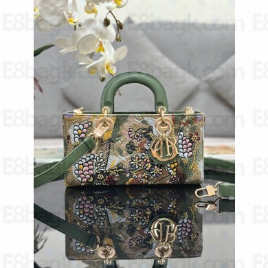 Dior Green Multicolor Lily and Bead Embroidery Medium Lady D-Joy Bag 2023 