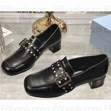 Prada Perforated Leather Buckle Heeled Loafers black 2025