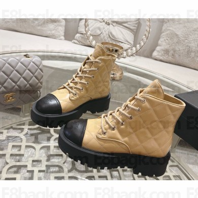 Chanel Crinkled Calfskin Quilting Combat Boots brown 2024
