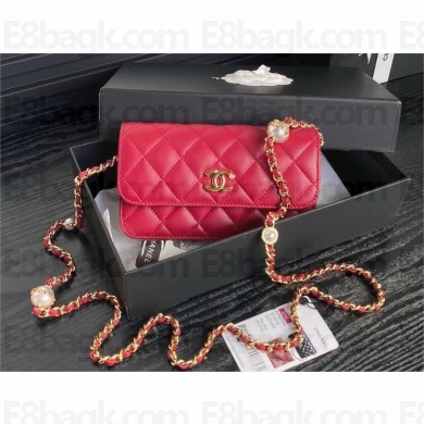 Chanel Shiny Lambskin Flap Phone Holder with Chain Ap4284 red 2024