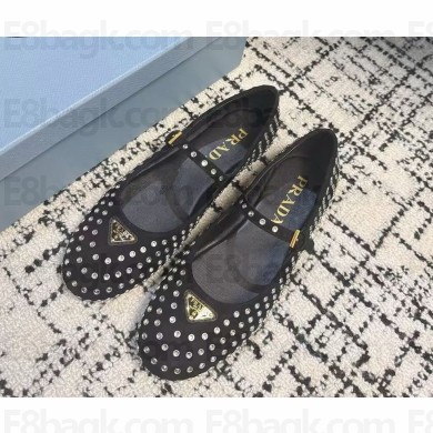 Prada Women's Black Crystal-Embellished Ballerina Shoes 2024