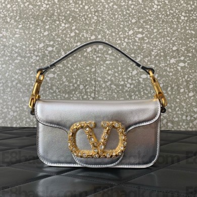VALENTINO Garavani Locò Small metallic leather shoulder bag SILVER 2025