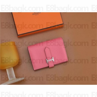Hermes bearn mini wallet in mysore leather rose azalee with silver hardware handmade(original quality)