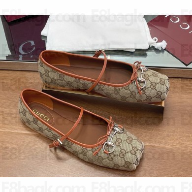 Gucci Women's Horsebit ballet flat 814321 Beige and dark brown Original GG canvas  2024