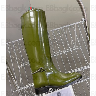 Gucci Women's slim Horsebit boot 805312 Dark green shiny leather 1118-2024
