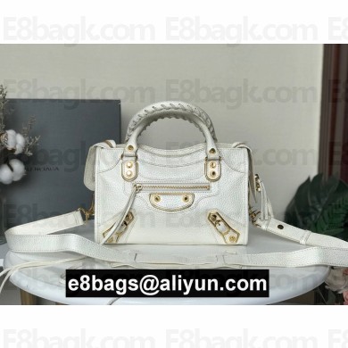 BALENCIAGA SHEEPSKIN CLASSIC METALLIC GOLD EDGE MINI CITY BAG WHITE