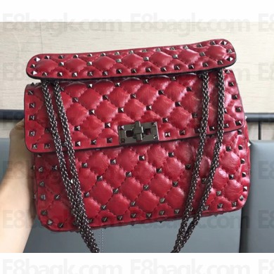 Valentino Rhombus Rockstud Spike Medium Chain Shoulder Bag Crinkled Red