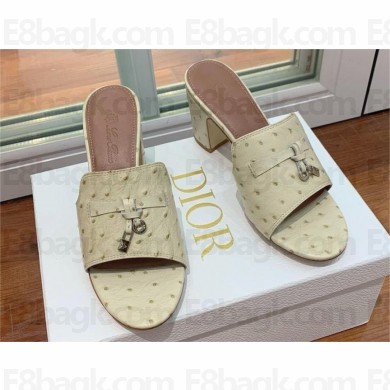 Loro Piana HEEL 8cm ostrich pattern leather summer charms mules creamy 2024